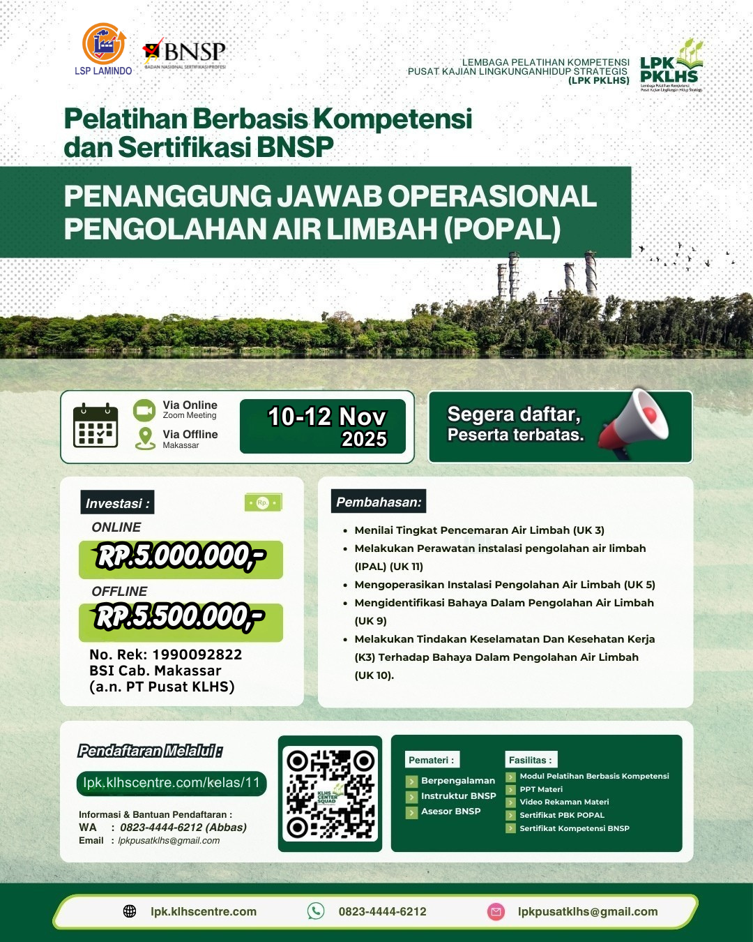 Pelatihan Berbasis Kompetensi & Sertifikasi BNSP Penanggung Jawab Operasional Pengolahan Air Limbah (POPAL)