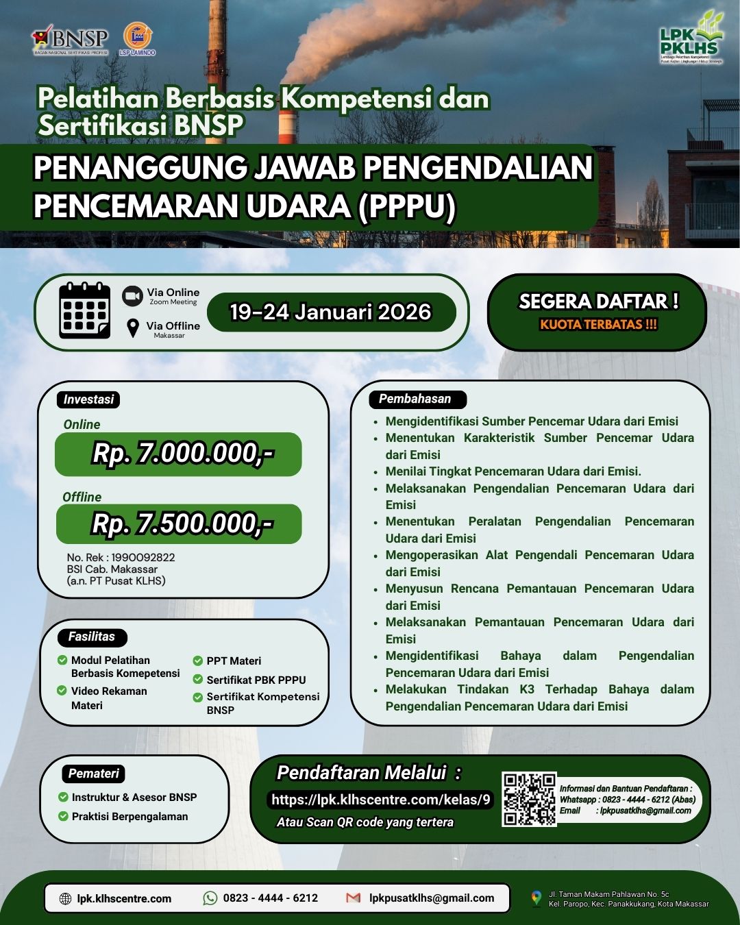 Pelatihan Berbasis Kompetensi & Sertifikasi BNSP Penanggung Jawab Pengendalian Pencemaran Udara (PPPU)