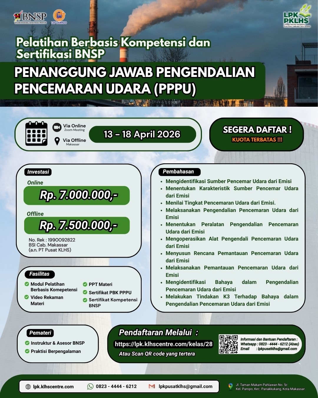 Pelatihan Berbasis Kompetensi & Sertifikasi BNSP Penanggung Jawab Pengendalian Pencemaran Udara (PPPU)