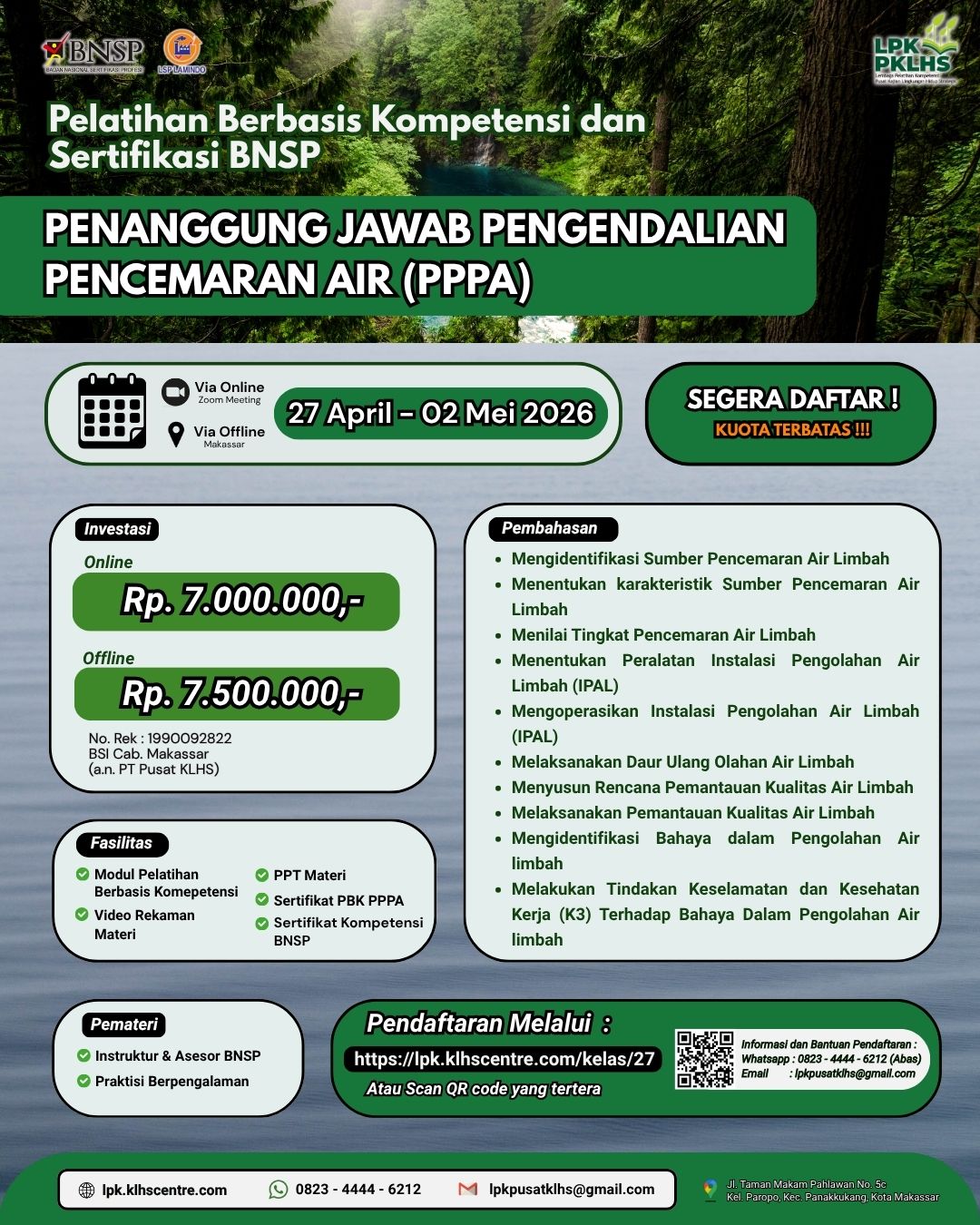 Pelatihan Berbasis Kompetensi & Sertifikasi BNSP Penanggung Jawab Pengendalian Pencemaran Air (PPPA)